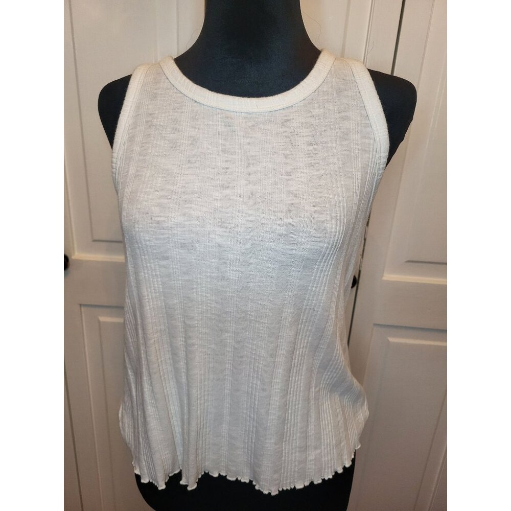 White Ribbed Sleeveless Baby Tank Lettuce Hem L Minimal Y2K Retro Layering